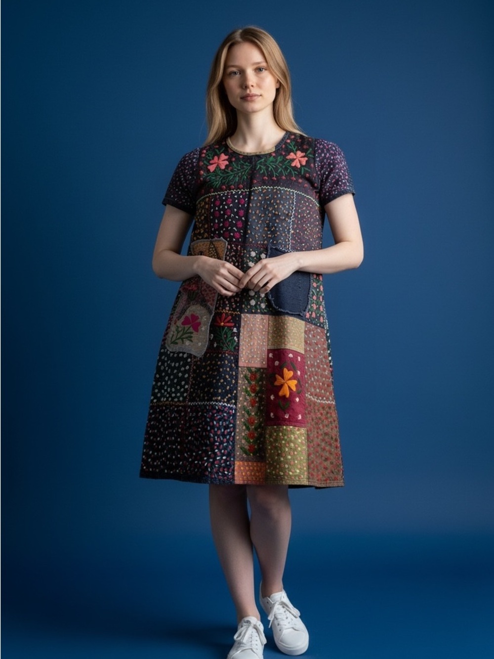 Fully Hand embroidered  Short-Sleeve A-Line Dress - Multicolor dress.